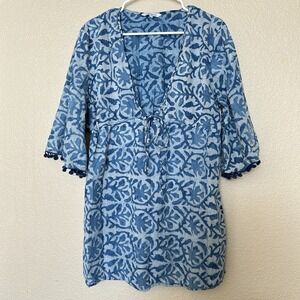 Blue Island Bathing Suit Cover Women's XL Short Sleeve Blue Floral Lightweight